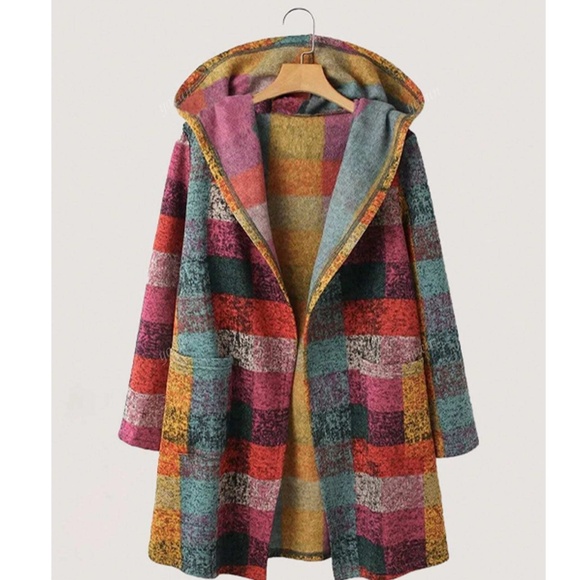Cozy Multicolor Checkered Plaid Pockets Hoodie Jacket Shacket